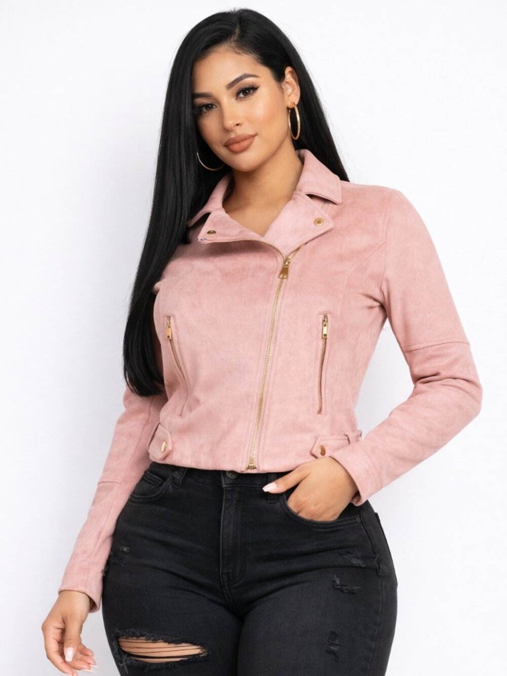 Women's Notch Zippered Suede Rider Jacket - Pink